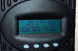 Outback charge controller shows 28.7 amps of charge going from the solar panels to the batteries in shade.