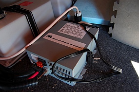 Atwood DC converter converts AC to DC when plugged into shore power; charges batteries when using shore power.