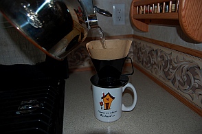 Drip coffee helps conserve electricity when boondocking and dry camping.