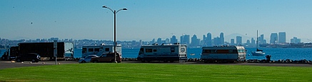 RVs line the shore at Shelter Island San Diego