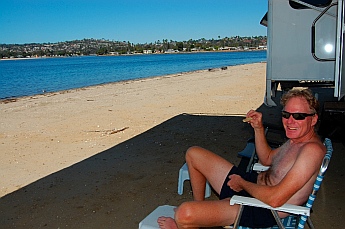 Life's a beach at Fiesta Island.  Our RV is parked at Mission Bay San Diego