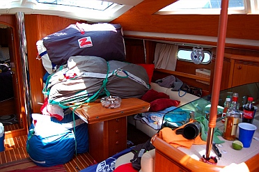 controlled chaos below decks on a raceboat