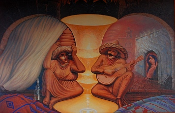 Intriguing painting of lovers, young and old
