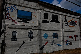Mural advertising goods at the local department store.