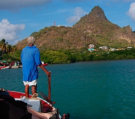 Land Ho! Our captain prepares to dock.