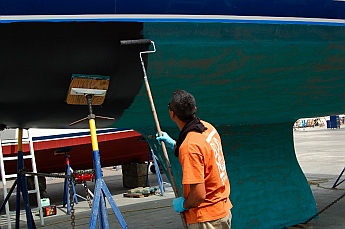 sv Groovy gets bottom paint at Baja Naval, Ensenada, Mexico