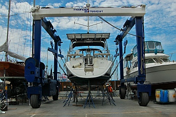s/v Groovy is hoisted at Baja Naval in Ensenada