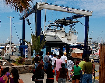 s/v Groovy is hoisted at Baja Naval in Ensenada