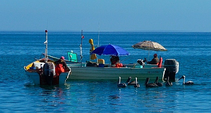 Pangas raft up for lunch at Punta Belcher, Bahia Magdalena, Baja California