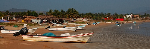 Lots of pangas on the beach in Chamela Bay.