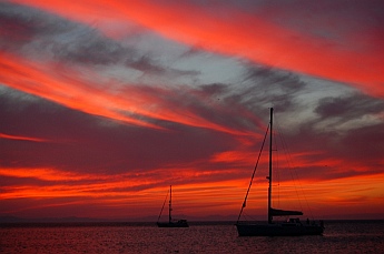 s/v Groovy at sunset in Puerto Balandra (Playa Balandra) outside La Paz, Baja California Sur, Sea of Cortez, Mexico