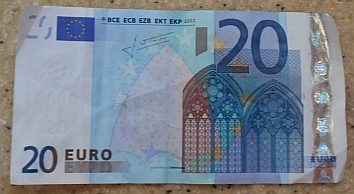 20 Euro note found at Ensenada Grande, Isla Partida, Islas Espiritu Santos, BCS, Sea of Cortez, near La Paz, Mexico.