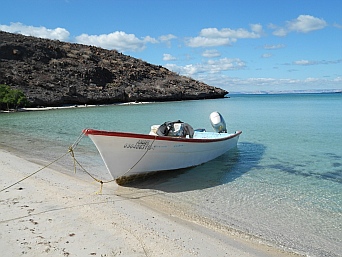 Pretty white sand and a panga on Bah&iacute;a Falsa & Bah&iacute;a Pichilingue, Mexico