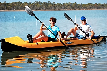 Enjoying our Hobie i14t inflatable tandem kayak in St. George State Park, Florida.