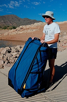 The Hobie i14t inflatable tandem kayak in its folded and stored postion stands taller than expected.