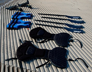 Extra equipment needed for the Hobie i14t inflatable tandem kayak: seats, paddles, pedals, pump, lifejackets