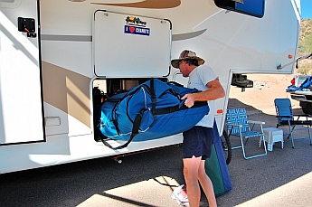 The Hobie i14t inflatable tandem kayak fits into a fifth wheel basement