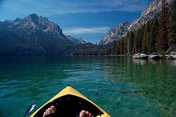 Pedaling the Hobie i14t inflatable tandem kayak in Redfish Lake, Idaho.