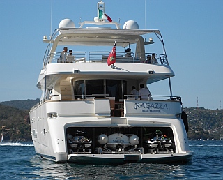 Charter megayacht garage, anchored at La Ropa Beach, Zihuatanejo, Mexico.