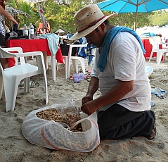 Shelled peanuts (cacahuates) vendor on Las Gatas Beach, Zihuatanejo, Mexico.