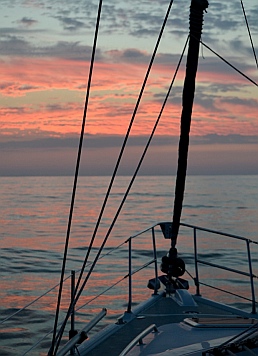 Sunrise over Groovy's bow.