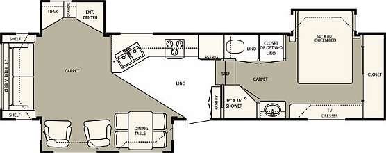 The floorplan of the Hitchhiker 34.5 II LS RLTG, our home in our fulltime RV lifestyle