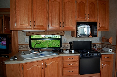 We have lots of counter space and cabinets in our fifthwheel, a Hitchhiker 34.5 RLTG, our fulltime RV home.